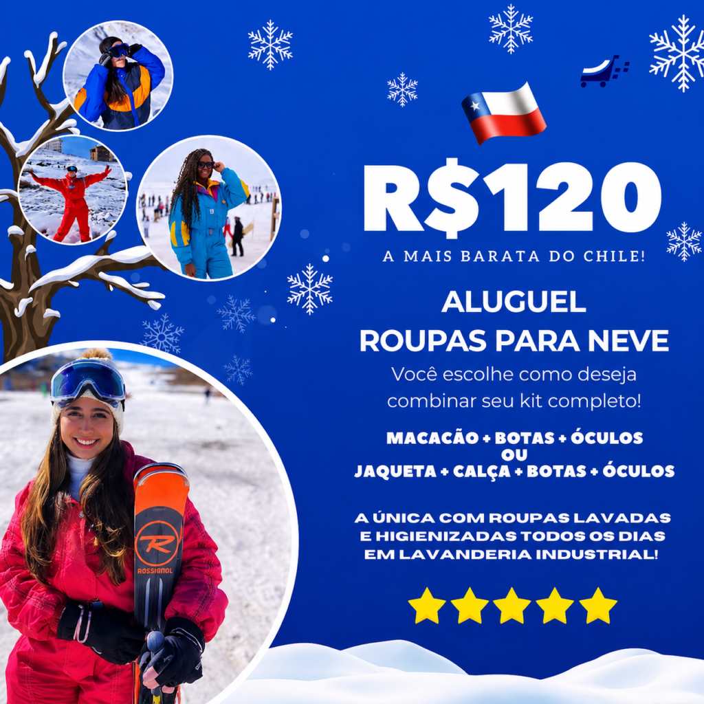 Quadro com 4 fotos de pessoas na neve, mostrando o valor de R$120 para alugar a roupa